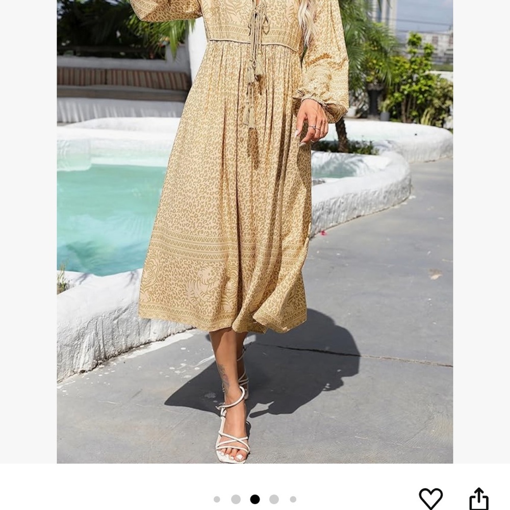 Tan Maxi Sundress with V-neck and Bishop Sleeves